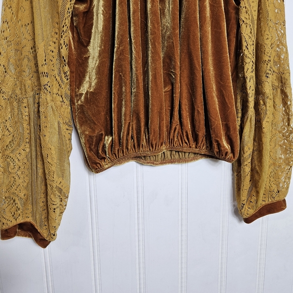 Free People Dream Team Gold Velvet Lace Top Mock Neck Balloon Sleeve S Boho - Picture 5 of 15